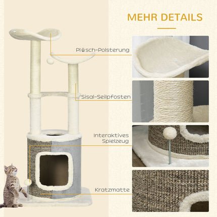 Cat scratching post with cave, platform and play ball, cream white