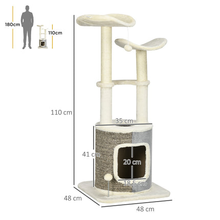 Cat scratching post with cave, platform and play ball, cream white
