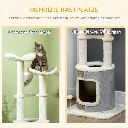 Cat scratching post with cave, platform and play ball, cream white