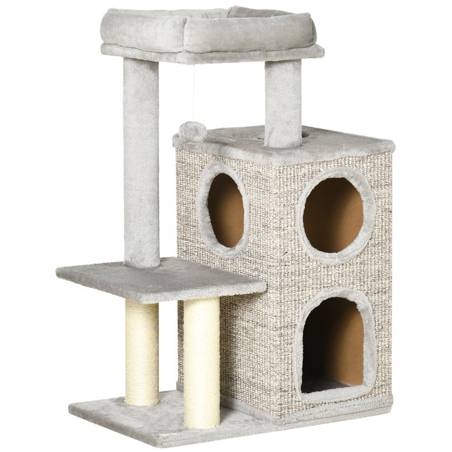 Cat Scratching Tower, light gray - twin caves and sisal posts, 91 cm