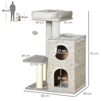 Cat Scratching Tower, light gray - twin caves and sisal posts, 91 cm