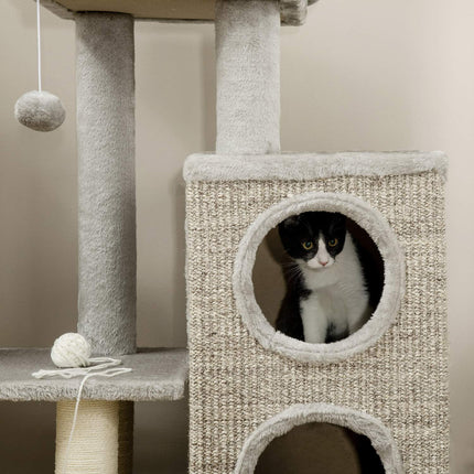 Cat Scratching Tower, light gray - twin caves and sisal posts, 91 cm