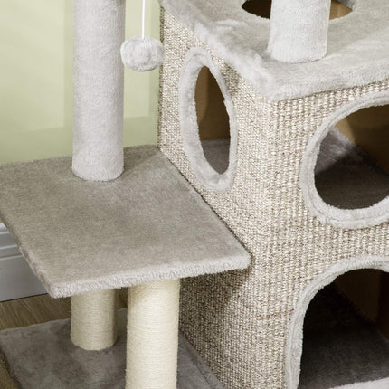 Cat Scratching Tower, light gray - twin caves and sisal posts, 91 cm