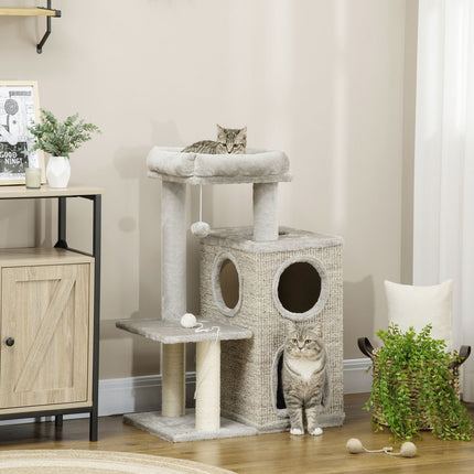 Cat Scratching Tower, light gray - twin caves and sisal posts, 91 cm
