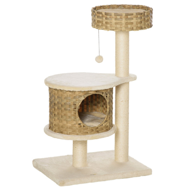 Cat tree with caves and sisal posts, natural rattan, 95 cm