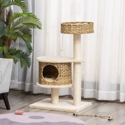 Cat tree with caves and sisal posts, natural rattan, 95 cm