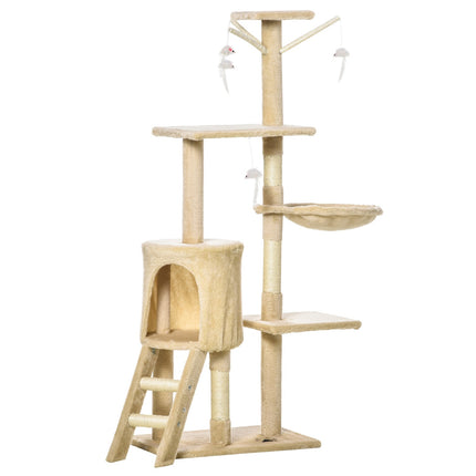 Cat scratching post with stairs and toys, beige, 50 x 35 x 134 cm