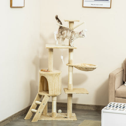 Cat scratching post with stairs and toys, beige, 50 x 35 x 134 cm