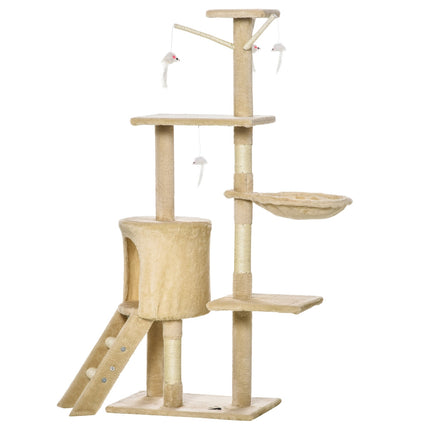 Cat scratching post with stairs and toys, beige, 50 x 35 x 134 cm