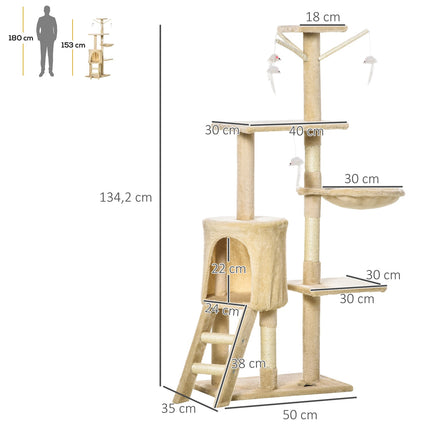 Cat scratching post with stairs and toys, beige, 50 x 35 x 134 cm