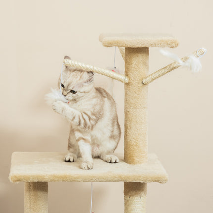 Cat scratching post with stairs and toys, beige, 50 x 35 x 134 cm