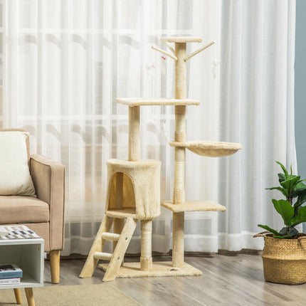 Cat scratching post with stairs and toys, beige, 50 x 35 x 134 cm