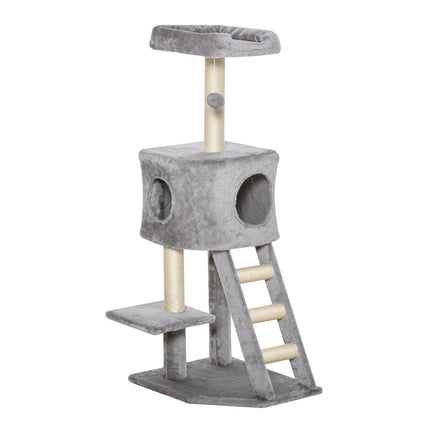Multi-level cat tree with scratching post and ladder, light grey