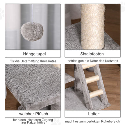 Multi-level cat tree with scratching post and ladder, light grey