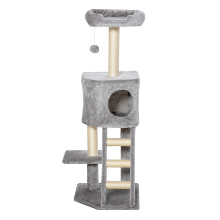 Multi-level cat tree with scratching post and ladder, light grey