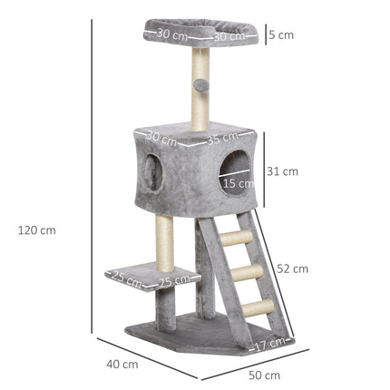 Multi-level cat tree with scratching post and ladder, light grey