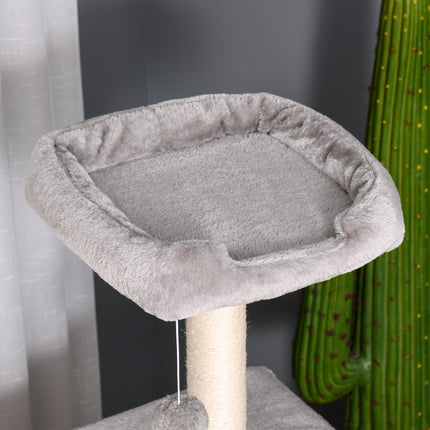 Multi-level cat tree with scratching post and ladder, light grey