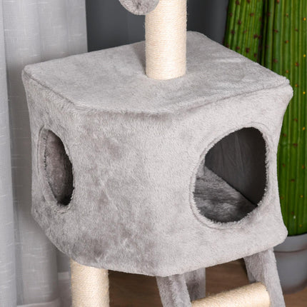 Multi-level cat tree with scratching post and ladder, light grey