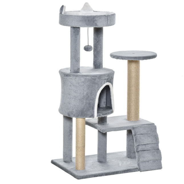 Cat climbing tree with scratching post and cave, grey, 100 cm