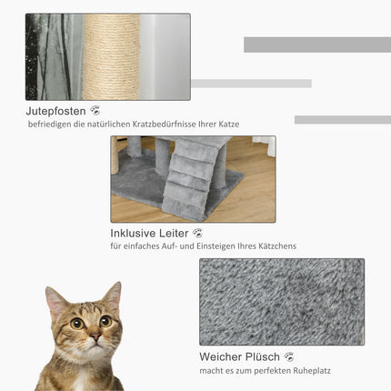 Cat climbing tree with scratching post and cave, grey, 100 cm