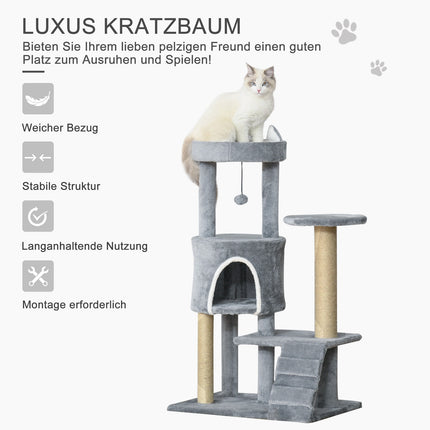 Cat climbing tree with scratching post and cave, grey, 100 cm