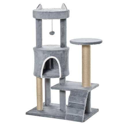Cat climbing tree with scratching post and cave, grey, 100 cm
