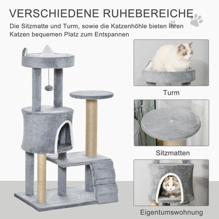 Cat climbing tree with scratching post and cave, grey, 100 cm