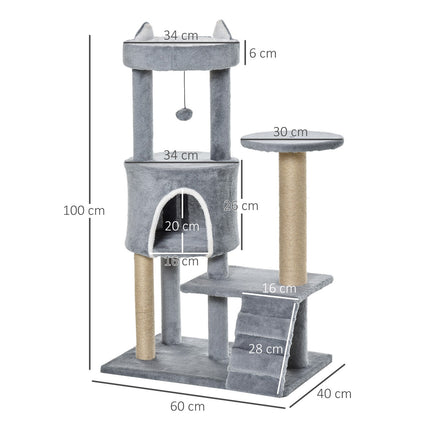 Cat climbing tree with scratching post and cave, grey, 100 cm