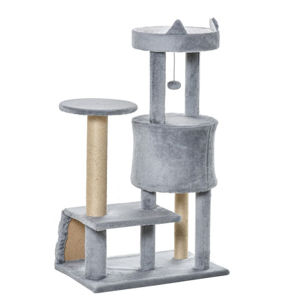 Cat climbing tree with scratching post and cave, grey, 100 cm