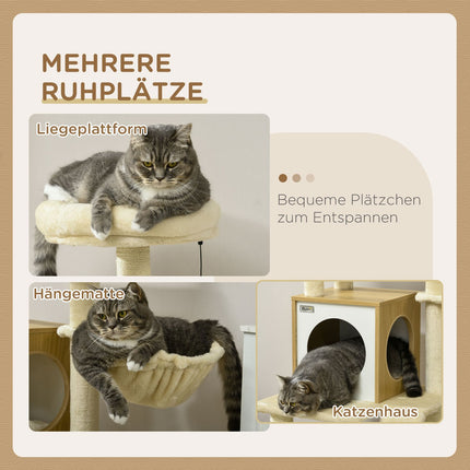 Cat scratching post with cave, play ball, sisal platforms