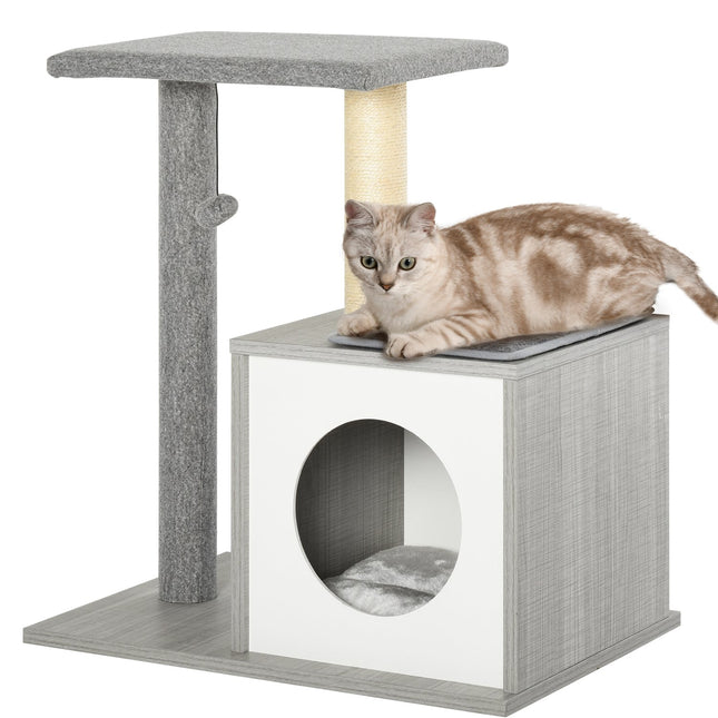 Cat scratching tree with cave, soft plush pillow, gray and white