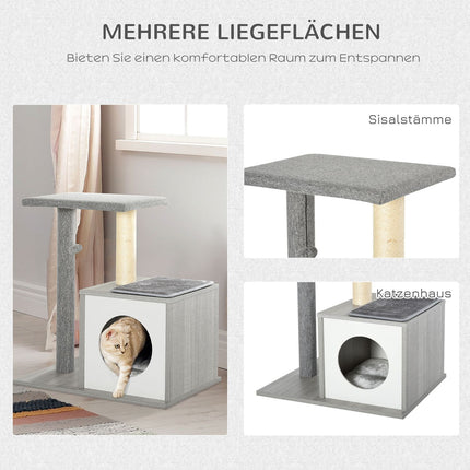 Cat scratching tree with cave, soft plush pillow, gray and white