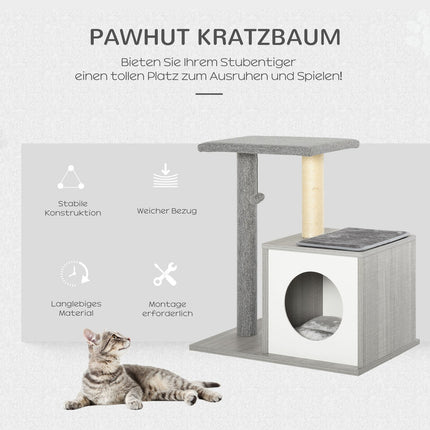 Cat scratching tree with cave, soft plush pillow, gray and white