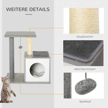 Cat scratching tree with cave, soft plush pillow, gray and white