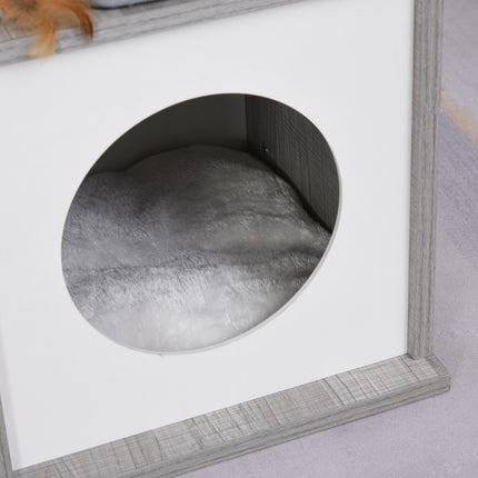 Cat scratching tree with cave, soft plush pillow, gray and white