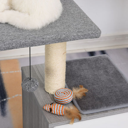 Cat scratching tree with cave, soft plush pillow, gray and white