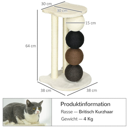Cat scratching post with platform, sisal posts and balls, 38x38x64cm