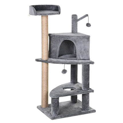 Cat scratching post with toys and house, Grey, 50x40x112 cm