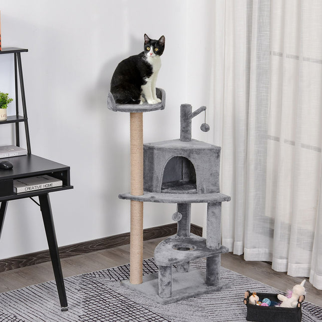 Cat scratching post with toys and house, Grey, 50x40x112 cm