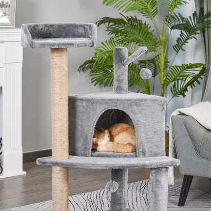 Cat scratching post with toys and house, Grey, 50x40x112 cm