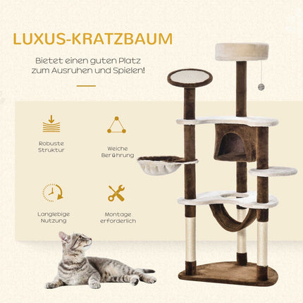 XXL Multi-level cat tree with hammock and cave, brown