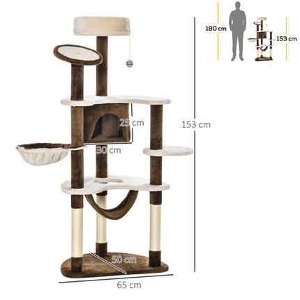 XXL Multi-level cat tree with hammock and cave, brown