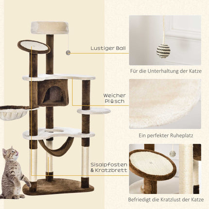 XXL Multi-level cat tree with hammock and cave, brown