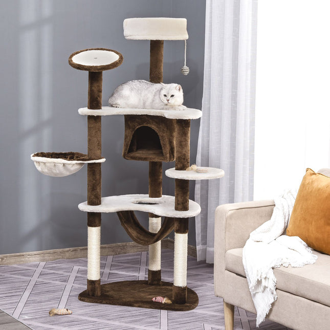 XXL Multi-level cat tree with hammock and cave, brown