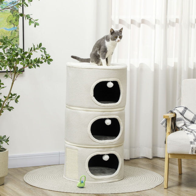 Cat Tower with Caves & Play Balls, Sisal, 100cm, Beige