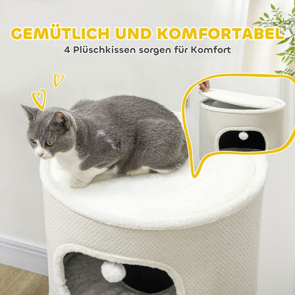 Krabton, 100 cm hoog, kattenton met 3 holten, krabpaal met speelballen, kattentoren van sisal, voor katten tot 6 kg, beige + crèmewit
