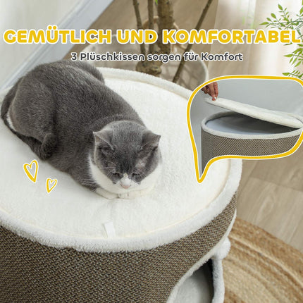 Krabton, 69 cm hoog, kattenton met 2 holten, krabpaal met speelballen, kattentoren van sisal, voor katten tot 6 kg, koffiebruin + crèmewit