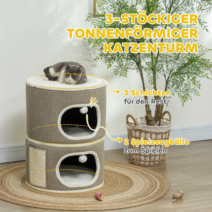 Krabton, 69 cm hoog, kattenton met 2 holten, krabpaal met speelballen, kattentoren van sisal, voor katten tot 6 kg, koffiebruin + crèmewit