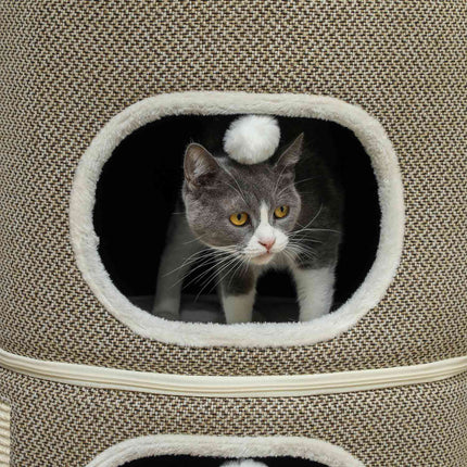 Krabton, 69 cm hoog, kattenton met 2 holten, krabpaal met speelballen, kattentoren van sisal, voor katten tot 6 kg, koffiebruin + crèmewit