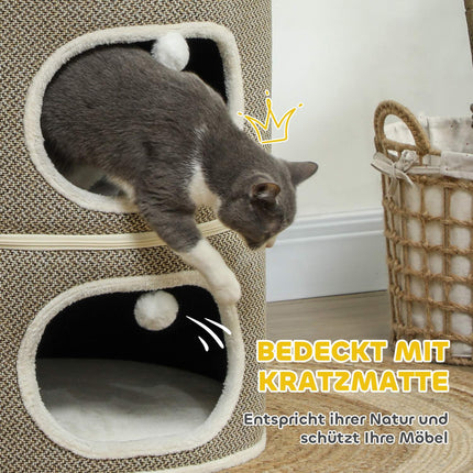 Krabton, 69 cm hoog, kattenton met 2 holten, krabpaal met speelballen, kattentoren van sisal, voor katten tot 6 kg, koffiebruin + crèmewit